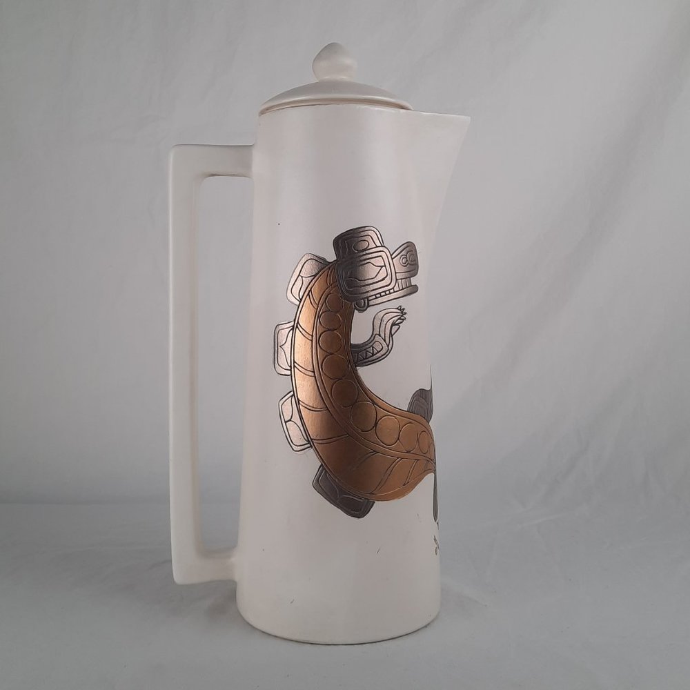 RARE FIND Sascha Brastoff Coffee Carafe gold/silver NW American native motif - Picture 2 of 11